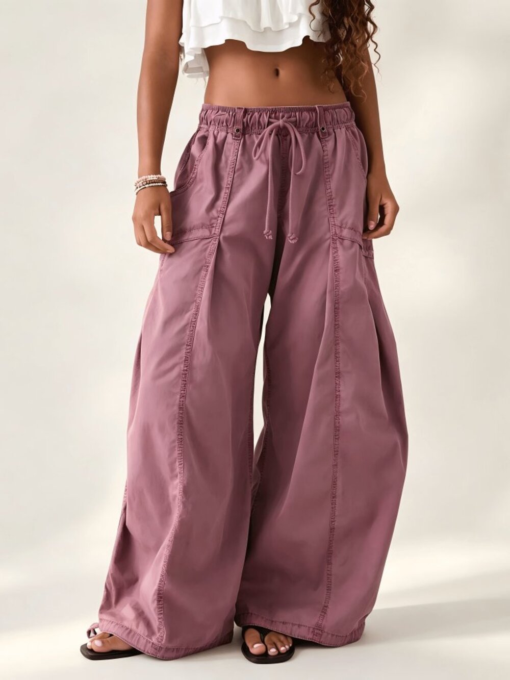 Purple Casual Women's Parachute Wide Leg Cargo Pants